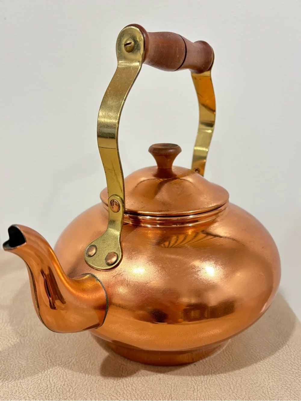 Vintage Copper Teapot with Tin Lining and Wood Handle Made in Portugal